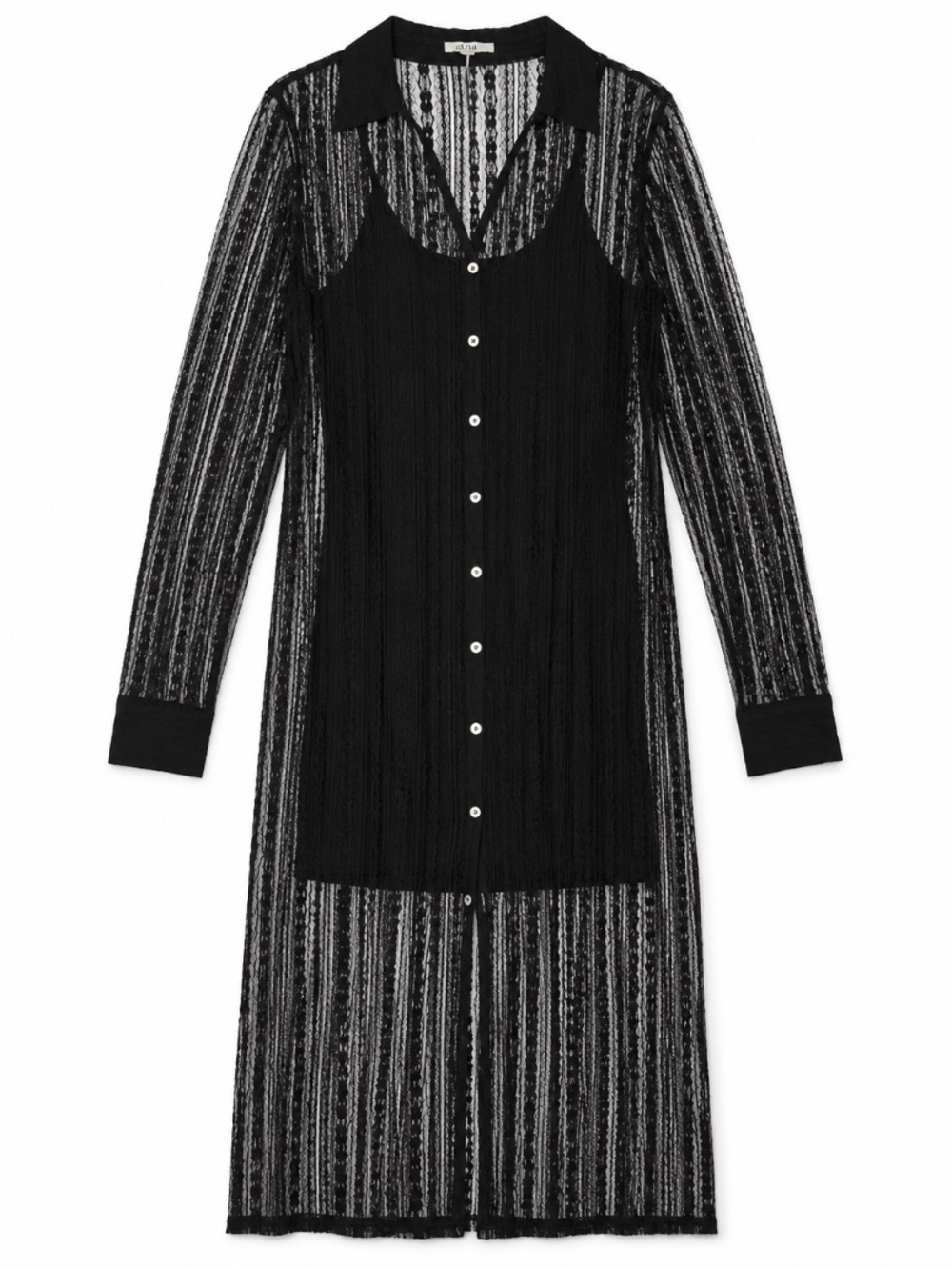 AUW Black Sheer Long Sleeve Button-Down Dress